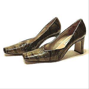 Embossed Camo Wedding Green Square Toe Pumps Block Heel 9B Patton Leather Snake